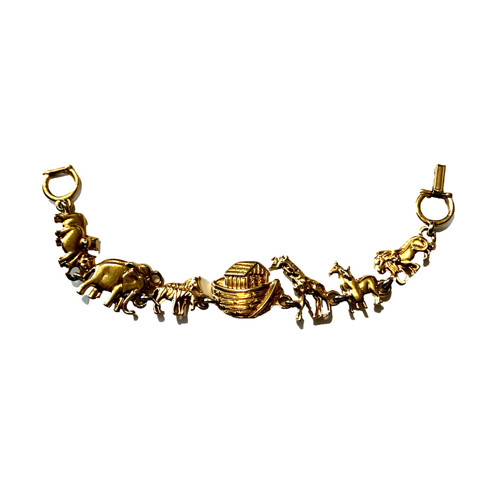 Vintage Gold Tone Noah's Ark Link Bracelet ~6.75" Fold-Over Clasp Bible Story